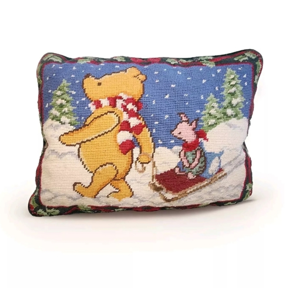 RARE Vintage Disney Needlepoint Winnie the Pooh & Piglet Sledding Snow Scene